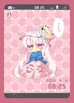  blush doughnut eating food hata_no_kokoro highres long_hair mask milkpanda monkey_mask phone_screen pink_background pink_hair purple_eyes sitting speech_bubble touhou translated 