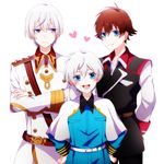  arms_behind_back belt blue_eyes brown_hair capelet crossed_arms heart kakumeiki_valvrave l-elf male_focus military military_uniform multiple_boys open_mouth purple_eyes sana423 short_hair silver_hair smile spoilers the_prince_(kakumeiki_valvrave) tokishima_haruto uniform 