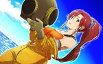  bellows_(suisei_no_gargantia) blue_eyes breasts cloud day diving_helmet diving_suit dutch_angle earrings helmet highres hoop_earrings jewelry large_breasts long_hair minakuchi_takashi ocean ponytail red_hair sky solo suisei_no_gargantia 