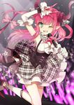  ;d bad_id bad_pixiv_id blue_eyes claws detached_sleeves dress elizabeth_bathory_(fate) elizabeth_bathory_(fate)_(all) fate/extra fate/extra_ccc fate_(series) glowstick horns idol long_hair microphone one_eye_closed open_mouth pink_hair pointy_ears rojiura_satsuki:_chapter_heroine_sanctuary shirako_miso smile solo tail two_side_up 