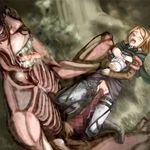  blonde_hair blush breasts censored cum cum_in_pussy eyes_closed held_up highres large_insertion monster nipples petra_ral rape saliva sex shingeki_no_kyojin short_hair tears titan torn_clothes vaginal youkai_ankake 