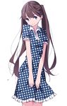  blue_dress blue_eyes brown_hair dress frills highres long_hair original polka_dot polka_dot_dress shimano simple_background solo twintails 