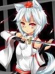 agetama animal_ears armpits bare_shoulders blush breasts detached_sleeves fingerless_gloves gloves hat inubashiri_momiji katana looking_at_viewer pom_pom_(clothes) red_eyes short_hair silver_hair small_breasts solo sword tail tokin_hat touhou weapon wolf_ears wolf_tail 