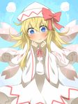  :t angry blonde_hair blue_eyes blush bow clenched_hands dress hat hat_bow lily_white nobamo_pieruda pout steam tears touhou wavy_mouth white_dress wide_sleeves wings 