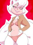  anthro big_tail blazer bra cat cats_don&#039;t_dance cats_don't_dance clothed clothing feline female fluffy_tail fur hair half-dressed hands_on_hips jacket mammal one_eye_closed panties pink_eyes pink_skin plain_background red_background sawyer simple_background smile solo sunibee underwear white_fur white_hair wide_hips wink 