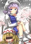  ball_gag blindfold blonde_hair cherry_blossoms drooling gag gagged gaoo_(frpjx283) highres lavender_hair letty_whiterock lily_white multiple_girls purple_eyes sitting sitting_on_person snowing touhou 