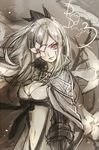  breasts cleavage creayus drag-on_dragoon drag-on_dragoon_3 flower flower_eyepatch long_hair looking_at_viewer medium_breasts monochrome navel red_eyes smile solo spot_color zero_(drag-on_dragoon) 