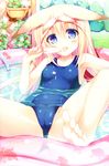  absurdres animal_ears barefoot blonde_hair blue_eyes blush bow cameltoe dripping feet food fox_ears hair_bow highres long_hair lying nozomi_tsubame on_back one-piece_swimsuit original partially_submerged popsicle school_swimsuit shiny shiny_clothes soles solo spread_legs suzuha_(nozomi_tsubame) swimsuit toes tongue transparent wading_pool water wet wet_clothes 