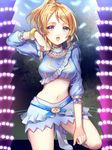  alternate_costume anmiko ayase_eli belt blonde_hair blue_eyes breasts high_heels long_hair love_live! love_live!_school_idol_project medium_breasts midriff music_s.t.a.r.t!! navel open_mouth ponytail solo 