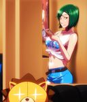  1girl against_wall alternate_breast_size bad_deviantart_id bad_id bleach brand_name_imitation breasts brown_eyes cellphone cleavage clothes_writing employee_uniform front-tie_top gairon green_hair hooters kon kujou_nozomi large_breasts midriff navel phone shiny shiny_skin shirt short_shorts shorts smartphone smile solo_focus stuffed_animal stuffed_lion stuffed_toy tied_shirt uniform waitress watermark 