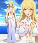  bare_shoulders blonde_hair blue_sky center_opening closed_mouth cloud day detached_collar detached_sleeves dress eyebrows_visible_through_hair full_body gloves lips long_dress long_hair looking_at_viewer mountain nolia ocean shiny shiny_skin sky smile solo standing starsha strapless strapless_dress uchuu_senkan_yamato uchuu_senkan_yamato_2199 very_long_hair water watermark web_address white_collar white_dress white_gloves yellow_eyes zoom_layer 