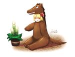  2014 :d animal_costume bamboo blonde_hair bow furim hair_bow hair_ribbon happy horse_costume looking_at_viewer open_mouth red_bow red_eyes ribbon rumia short_hair sitting smile touhou vase 