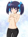  1girl blush breasts covering covering_breasts danball_senki eyeshadow female hair_ribbon makeup mikage_mika navel nipples open_mouth purple_eyes purple_hair ribbon short_twintails solo takappe topless twintails 