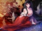  bad_id bad_pixiv_id bare_shoulders black_hair blush breasts cleavage collarbone green_eyes ha1214 hair_censor hakama huge_breasts iwato_kasumi japanese_clothes kimono long_hair looking_at_viewer miko no_bra off_shoulder open_clothes open_kimono red_hakama saki shiny shiny_skin sidelocks sitting very_long_hair yokozuwari 