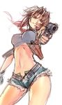  black_lagoon breasts brown_hair cigarette creayus denim denim_shorts gloves gun handgun hands_on_hips long_hair medium_breasts midriff navel pistol revy_(black_lagoon) short_shorts shorts simple_background sketch solo weapon white_background 