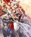  animal_ears bare_shoulders breasts bridal_gauntlets himuro_(dobu_no_hotori) inubashiri_momiji large_breasts midriff mouth_hold red_eyes riding shield short_hair silver_hair solo sword thighhighs touhou weapon white_background wolf wolf_ears 