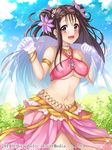  :d akashi_(akashimichi) belly_chain bracelet breasts brown_hair flower gloves hair_flower hair_ornament happy jewelry large_breasts long_hair navel necklace open_mouth original priget_plus purple_eyes skirt sky smile solo stomach underboob 