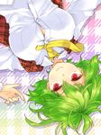  breasts buttons dress_shirt green_hair highres kazami_yuuka large_breasts looking_at_viewer lying necktie on_back open_clothes open_shirt red_eyes shironeko_yuuki shirt smile solo touhou upper_body upside-down vest white_shirt yellow_neckwear 