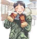  ayanashi_kunio black_hair blush breath closed_eyes coat gloves ikari_shinji male_focus neon_genesis_evangelion open_mouth smile solo winter 