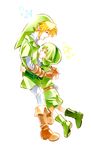  1girl blonde_hair boots earrings fairy gloves green_footwear green_hair hairband highres hug jewelry link navi pointy_ears saria shirou_(minamieriri) the_legend_of_zelda the_legend_of_zelda:_ocarina_of_time traditional_media 