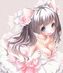  :d animal_ears blue_eyes breasts cat_ears cleavage dress elbow_gloves fang flower gloves grey_hair jewelry large_breasts mintsu_(ichi--kun) necklace off_shoulder open_mouth original pearl_necklace rose smile solo twintails wedding_dress 