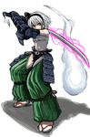  alternate_costume armor bad_id bad_pixiv_id black_hairband fighting_stance hairband hitodama holding holding_weapon hoshitetsu_ringo japanese_armor katana konpaku_youmu konpaku_youmu_(ghost) pants red_eyes sandals sarashi short_hair silver_hair solo spirit swinging sword touhou weapon weapon_energy 