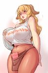  animal_ears apron blonde_hair blush breasts brown_eyes clothes_writing daiginjou dog_ears futaba_channel hooters large_breasts long_hair navel no_panties orange_legwear pantyhose parody pun shirt skindentation solo sweat tank_top tongue tsuda_nanafushi waist_apron wet wet_clothes wet_shirt 