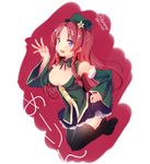  alternate_costume black_legwear blue_eyes blush braid breasts cleavage cleavage_cutout detached_sleeves hat hong_meiling kedama_milk large_breasts long_hair looking_at_viewer open_mouth red_hair smile solo thighhighs touhou twin_braids 