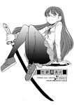  black_legwear glasses greyscale long_hair monochrome original pantyhose sakaki_imasato school_uniform sitting skirt smile solo sword weapon 