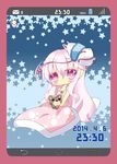  :&lt; alternate_costume blanket blue_background blush fox_mask hata_no_kokoro highres long_hair mask milkpanda nightgown phone_screen pillow pink_hair purple_eyes ribbon sleep_mask star stuffed_animal stuffed_toy teddy_bear touhou 