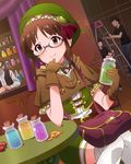  3boys akizuki_ritsuko antenna_hair artist_request backstage bag belt brown_eyes brown_hair earrings faceless faceless_male glasses gloves hat idolmaster idolmaster_(classic) idolmaster_million_live! jewelry multiple_boys official_art potion thighhighs white_legwear 