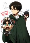  1girl 2boys black_hair brown_hair cape chibi dual_wielding eren_yeager glowing glowing_eyes green_eyes holding kl levi_(shingeki_no_kyojin) mikasa_ackerman multiple_boys paradis_military_uniform red_eyes shaded_face shingeki_no_kyojin sword tears three-dimensional_maneuver_gear uniform wavy_mouth weapon 