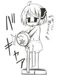  bloomers breaking broken greyscale hair_ribbon jagabutter monochrome navel open_mouth punching ribbon rumia short_hair smile touhou translation_request underwear underwear_only weighing_scale 