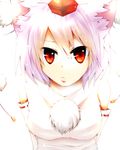  animal_ears bare_shoulders breasts detached_sleeves hat highres hokuto_shigure inubashiri_momiji looking_at_viewer medium_breasts pom_pom_(clothes) red_eyes short_hair silver_hair solo tokin_hat touhou wolf_ears 