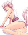  animal_ears ass bare_shoulders bottomless breasts commentary_request hasu_(hk_works) inubashiri_momiji large_breasts looking_at_viewer looking_back md5_mismatch naked_shirt one_eye_closed open_mouth pink_eyes sash shirt sideboob silver_hair sitting sleeveless sleeveless_shirt solo tail tears touhou wolf_ears wolf_tail 