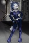  1girl 3d anthro blue_fur blue_hair bodysuit canine daymond42 female fox fur furry hair krystal mammal nintendo star_fox video_games 