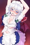  apron arms_up bat_wings blue_eyes blue_hair blush bow braid breasts cleavage h_kasei hair_bow hand_under_clothes hand_under_skirt izayoi_sakuya large_breasts looking_at_viewer maid maid_headdress multiple_girls open_mouth remilia_scarlet short_hair silver_hair touhou twin_braids waist_apron wings yuri 