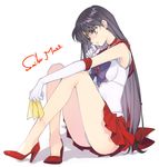  back_bow bare_legs bishoujo_senshi_sailor_moon black_hair bow breasts character_name choker creayus earrings elbow_gloves gloves high_heels hino_rei jewelry long_hair magical_girl medium_breasts ofuda panties red_eyes red_sailor_collar sailor_collar sailor_mars sailor_senshi_uniform sitting skirt solo tiara underwear white_gloves 