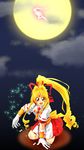  absurdres blonde_hair cross forehead_jewel full_moon gloves hair_intakes hair_ribbon highres kaitou_jeanne kamikaze_kaitou_jeanne kneeling kusakabe_maron long_hair magical_girl moon ponytail ribbon skirt solo takuan_lte very_long_hair 