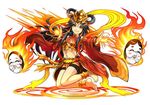  ame_no_uzume_(p&amp;d) anklet bare_shoulders barefoot black_hair detached_sleeves eyebrows fire flame hair_rings headdress jewelry navel noh_mask official_art puzzle_&amp;_dragons smile solo wide_sleeves yellow_eyes youichi 