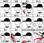  baseball_bat blood commentary_request english expression_chart flat_color food hat holding_baseball_bat limited_palette male_focus meat off open_mouth profanity purio_(zuga-n) sharp_teeth smile teeth the_batter translation_request 