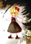  bad_id bad_pixiv_id blonde_hair blouse darkness frilled_skirt frills furim hair_ribbon highres outstretched_arms red_eyes ribbon ribbon-trimmed_clothes ribbon_trim rumia short_hair skirt smile solo spread_arms touhou vest 