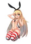  anchor black_eyes blonde_hair breasts cum cum_on_hair facial hairband heart heart-shaped_pupils highres kantai_collection long_hair open_mouth shimakaze_(kantai_collection) simple_background slingshot_swimsuit small_breasts smile solo string_bikini striped striped_legwear swimsuit symbol-shaped_pupils thighhighs v white_background xinjing 