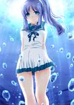  air_bubble aoba_yukichi blue_eyes blue_hair bubble dress highres hiradaira_chisaki long_hair nagi_no_asukara sailor_dress school_uniform serafuku side_ponytail underwater 