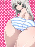  ahoge ass bare_shoulders bent_over blue_panties breasts chance_maker chestnut_mouth green_eyes haiyore!_nyaruko-san highres huge_ahoge large_breasts long_hair nyarlathotep_(nyaruko-san) panties polka_dot polka_dot_background silver_hair solo striped striped_panties underwear 