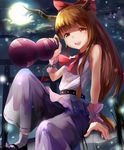  bad_id bad_pixiv_id belt black_footwear bow chain fingernails full_moon gourd hair_bow hizagawa_rau horns ibuki_suika long_hair moon moonlight night night_sky oni open_mouth orange_hair purple_bow red_bow red_ribbon ribbon shoes sky sleeveless socks solo touhou 