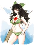  arm_cannon bad_id bad_pixiv_id between_breasts bikini black_hair breasts front-tie_top green_bikini hand_on_hip hoshitetsu_ringo large_breasts lipstick long_hair looking_at_viewer makeup messy_hair navel no_wings red_eyes reiuji_utsuho solo standing stomach swimsuit third_eye touhou weapon 