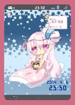  alternate_costume blanket blue_background blush fox_mask hata_no_kokoro highres long_hair mask milkpanda phone_screen pillow pink_hair purple_eyes ribbon sleep_mask star stuffed_animal stuffed_toy teddy_bear touhou translated 