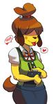 animal_crossing anthro bantibox canine cosplay dog english_text female hair_over_eyes isabelle_(animal_crossing) mammal nagrolaz nintendo plain_background sam_(colo) solo text tongue tongue_out video_games white_background 