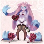  anthro anthrofied areola beer_bottle beverage blue_eyes bow breasts canine cute drunk eeveelution female fur gamefreak holidays long_ears looking_at_viewer mammal nintendo pasties pok&#233;mon pok&#233;morph pok&eacute;mon pok&eacute;morph ribbons solo sylveon valentine&#039;s_day valentine's_day video_games white_fur x_squidpuke_x 